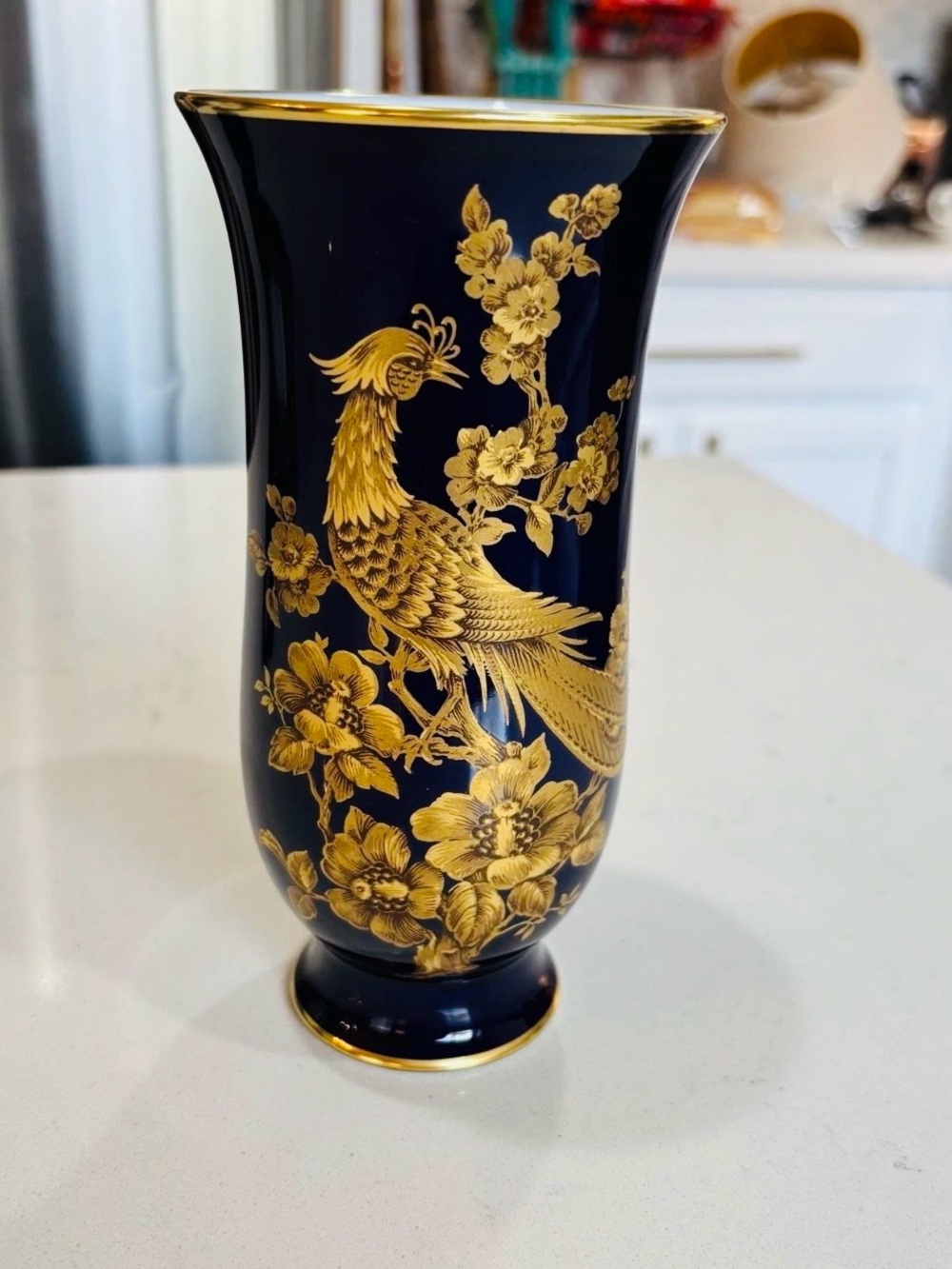 Kaiser West Germany Cobalt Blue Gold Phoenix Floral Porcelain Vase 7”. 455/0